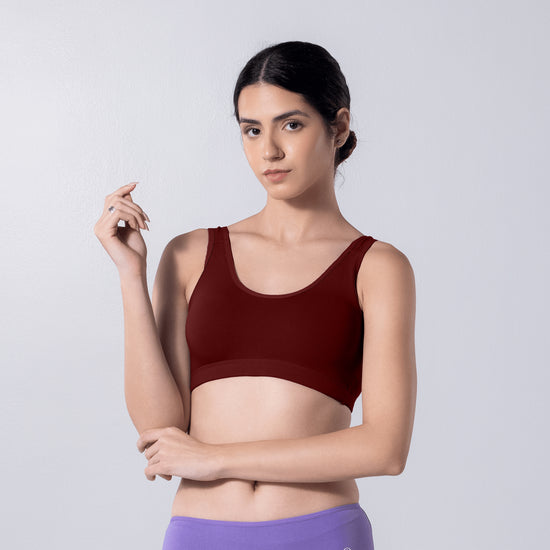 LadyO Cool Active Bra in Maroon, front view worn by model.