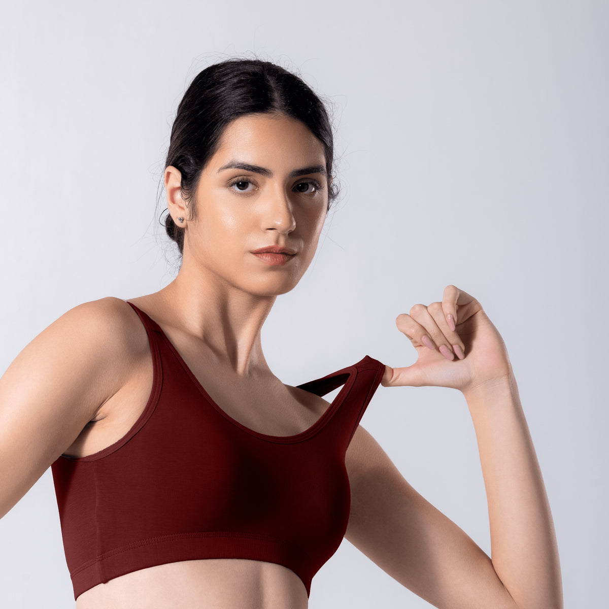 LadyO Cool Active Bra in Maroon, detail view worn by model.