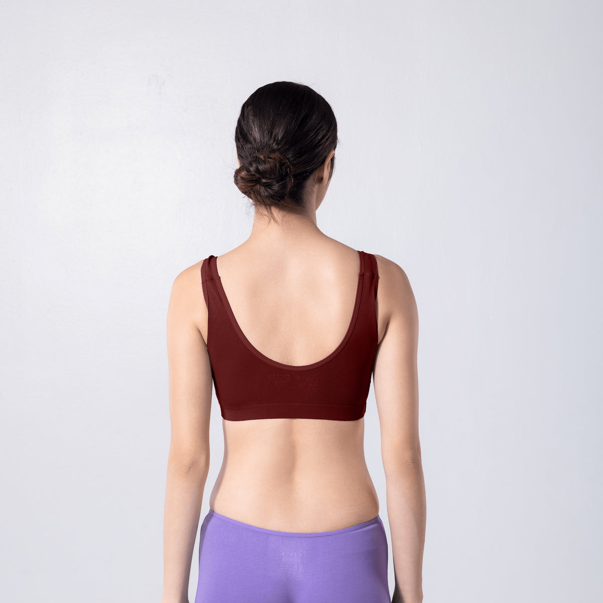 LadyO Cool Active Bra in Maroon, back view worn by model.