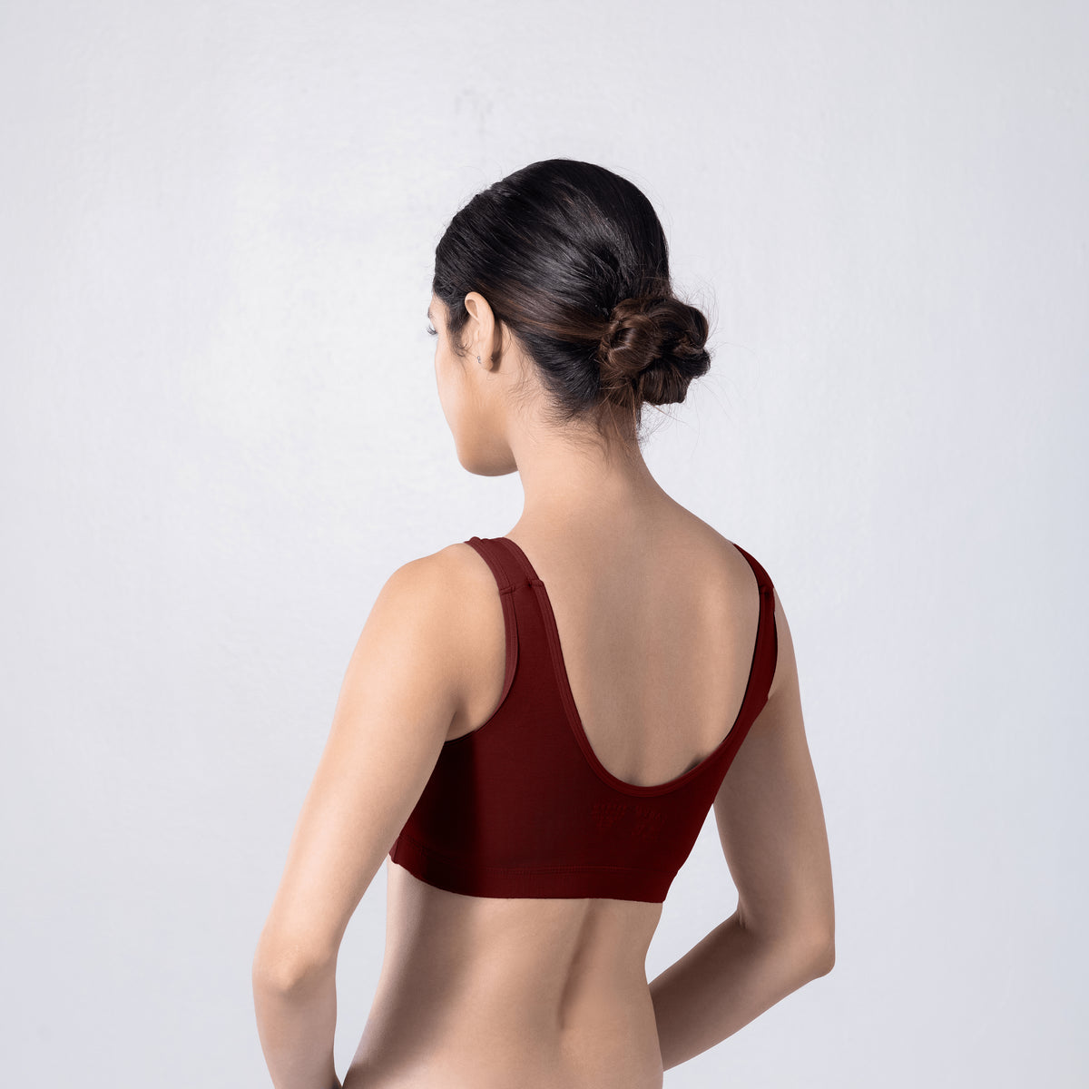 LadyO Cool Active Bra in Maroon, three-quarter back view worn by model.