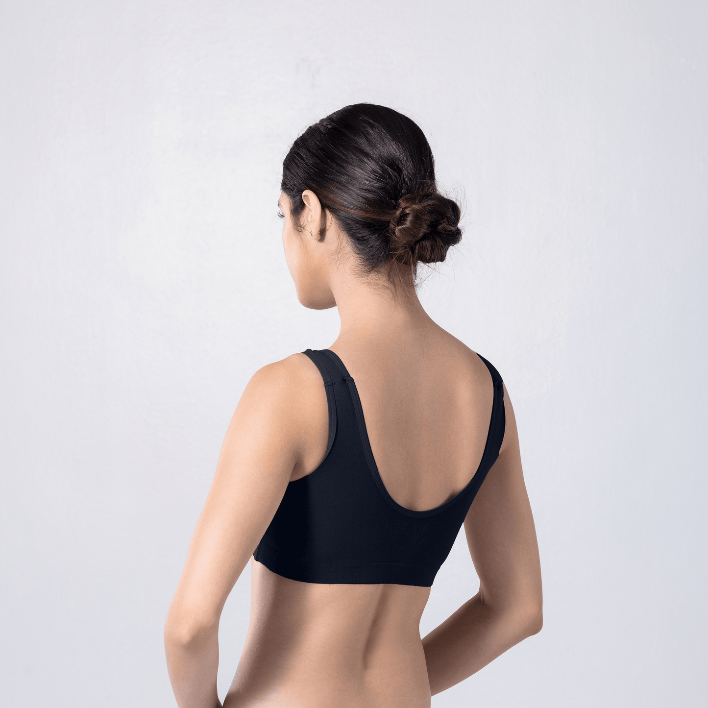 LadyO Cool Active Bra in Navy, three-quarter back view worn by model.