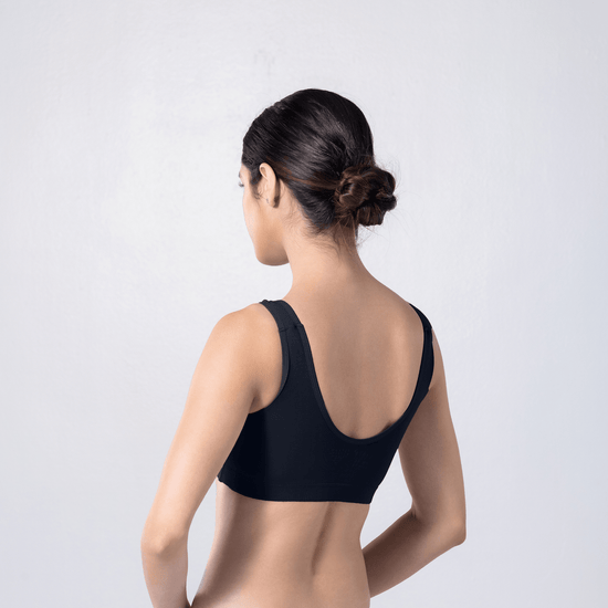 LadyO Cool Active Bra in Navy, three-quarter back view worn by model.