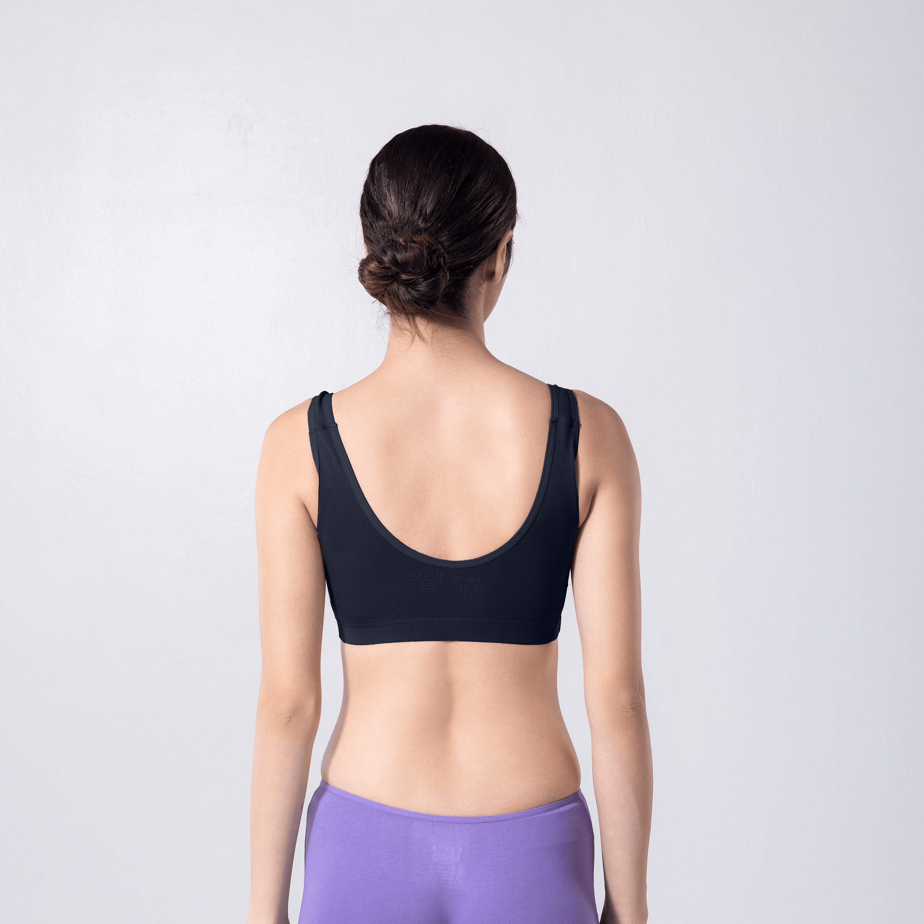 LadyO Cool Active Bra in Navy, back view worn by model.