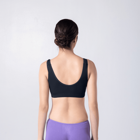 LadyO Cool Active Bra in Navy, back view worn by model.