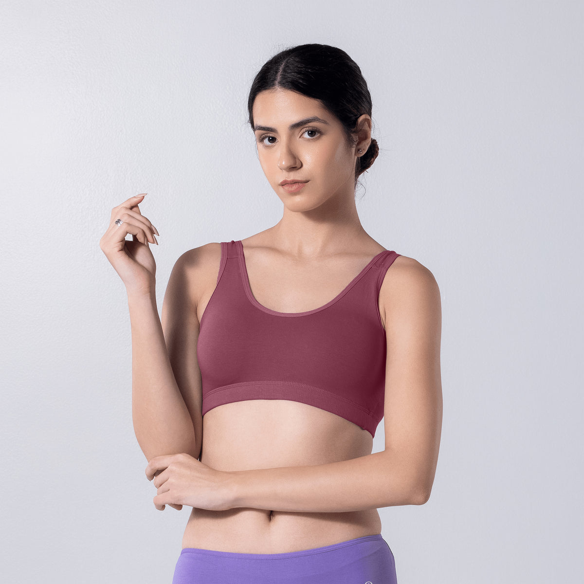 LadyO Cool Active Bra in Onion, front view worn by model.