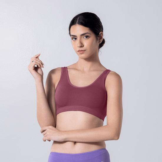LadyO Cool Active Bra in Onion, front view worn by model.