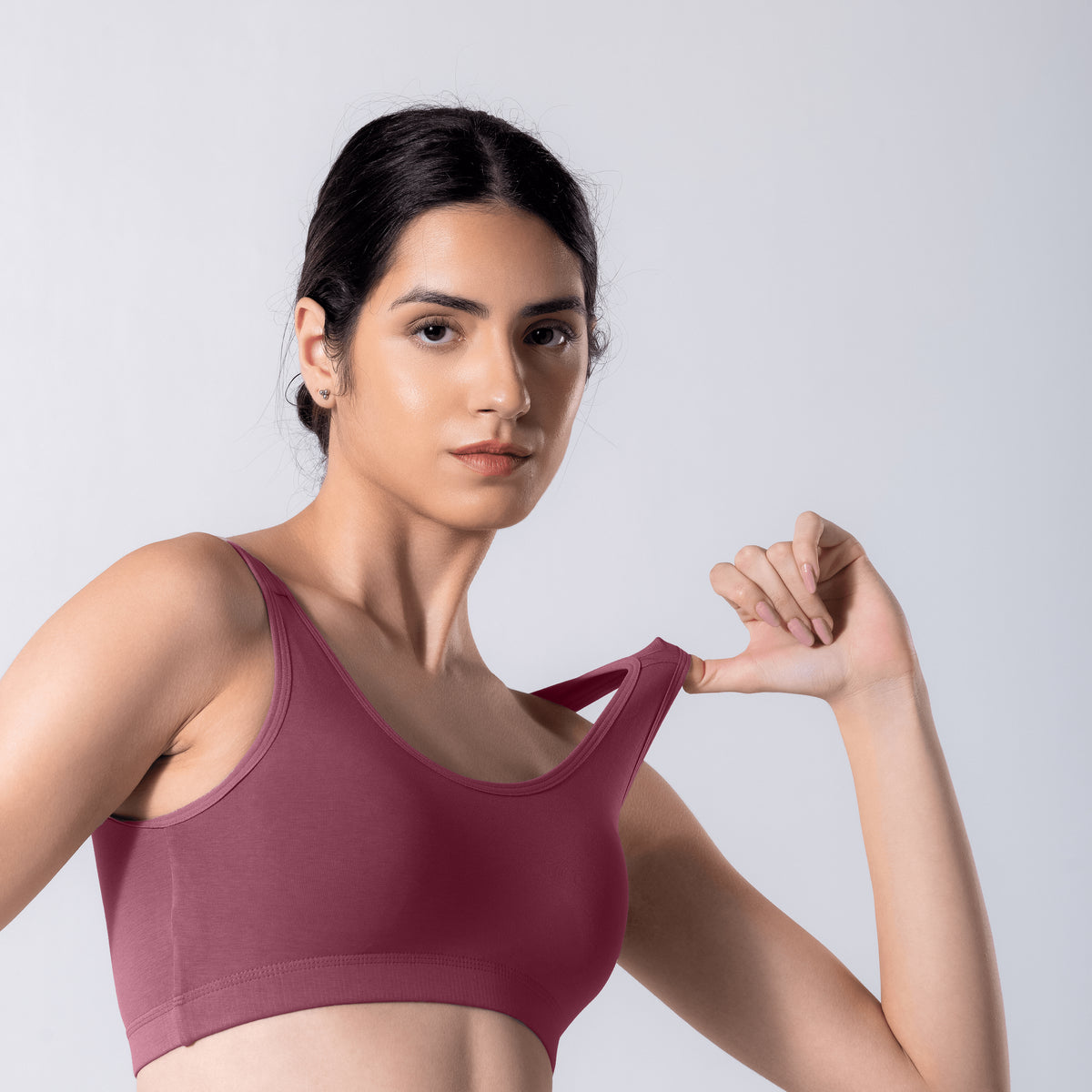 LadyO Cool Active Bra in Onion, detail view worn by model.
