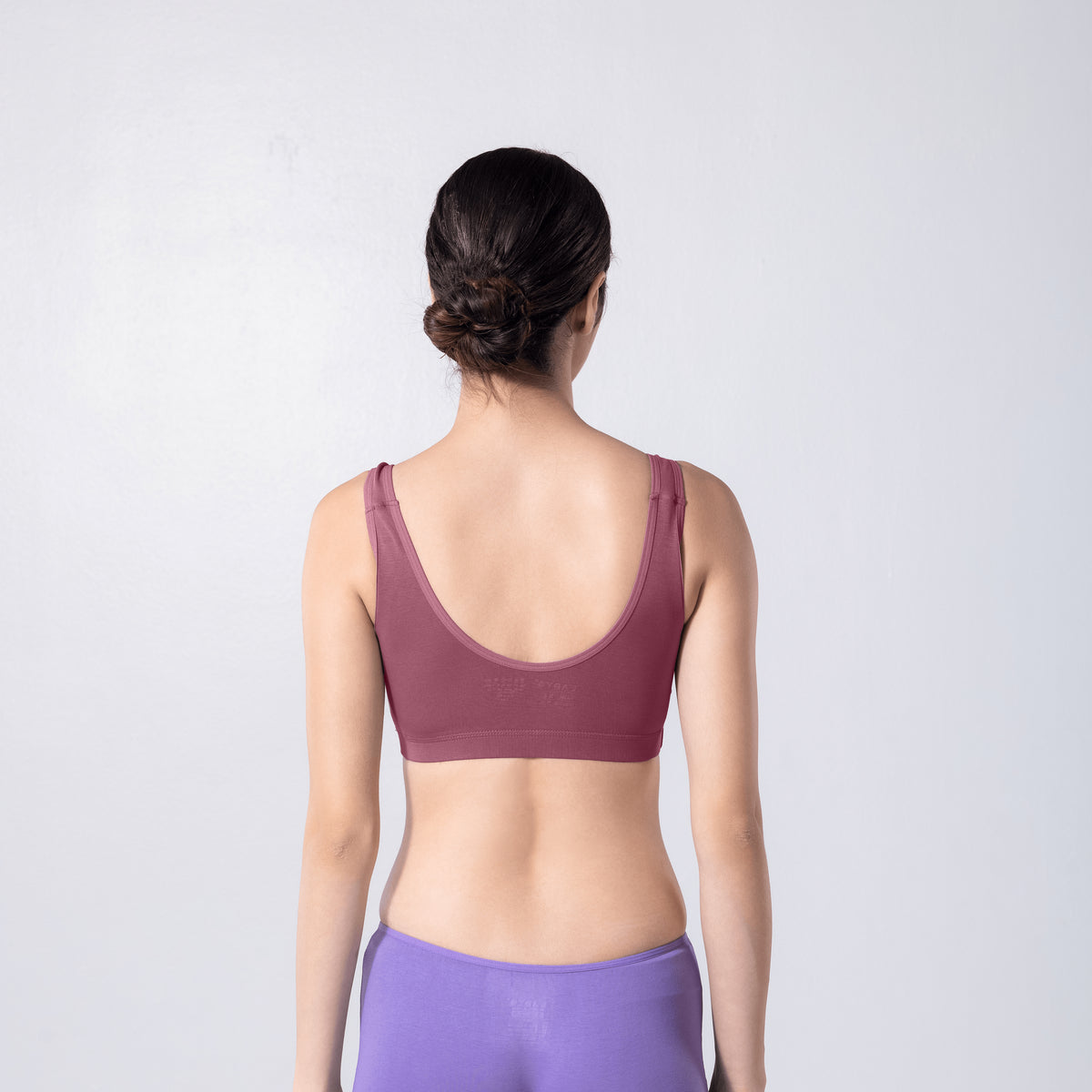 LadyO Cool Active Bra in Onion, back view worn by model.