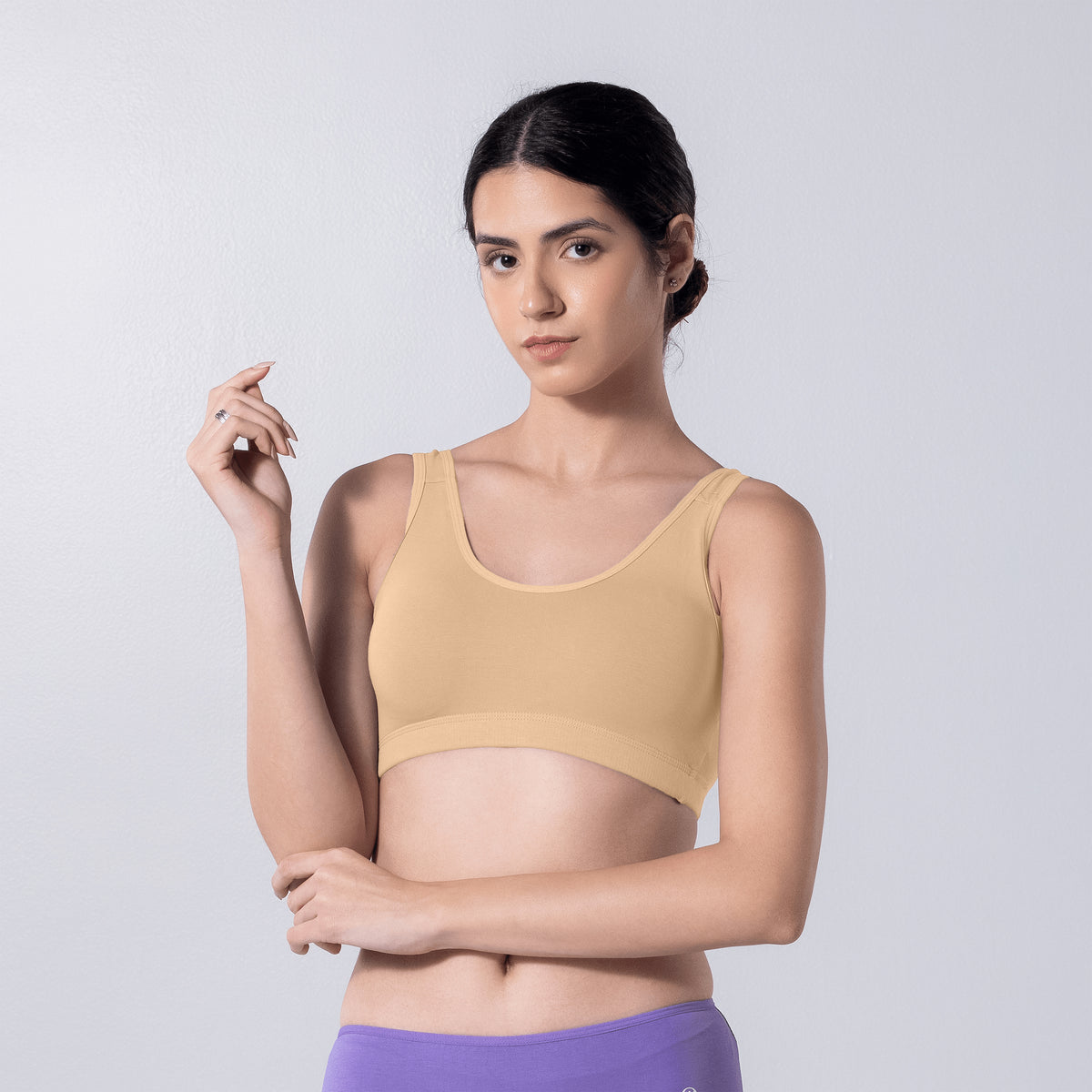 LadyO Cool Active Bra in Skin, front view worn by model.