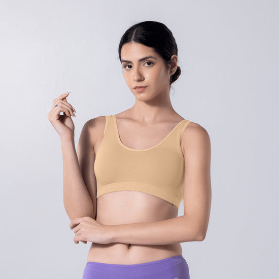 LadyO Cool Active Bra in Skin, front view worn by model.