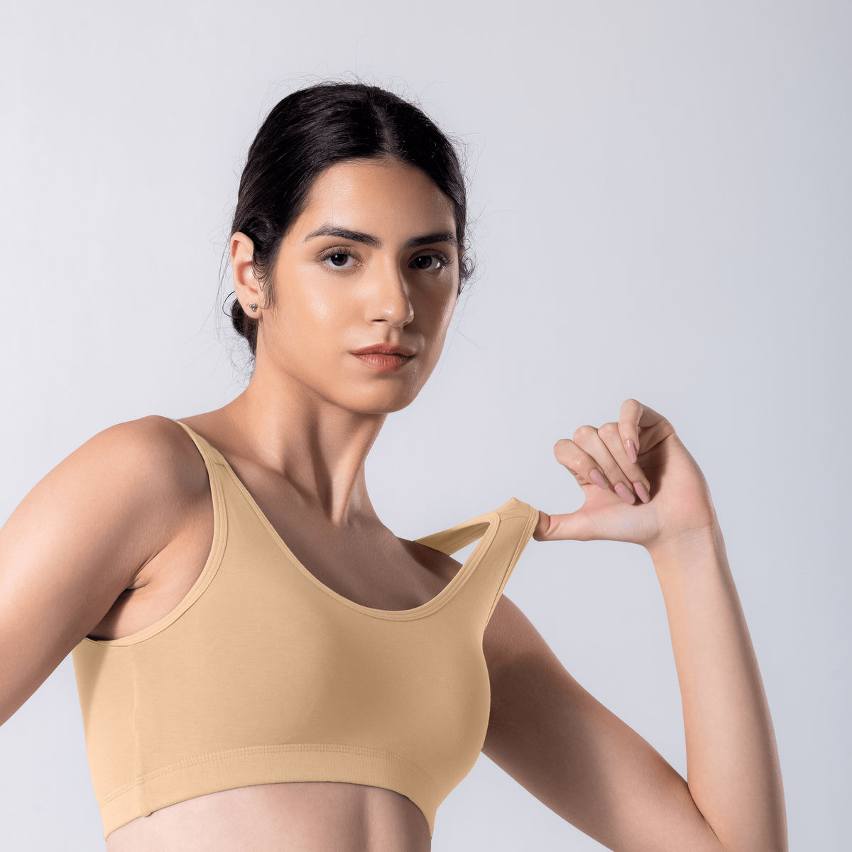 LadyO Cool Active Bra in Skin, detail view worn by model.