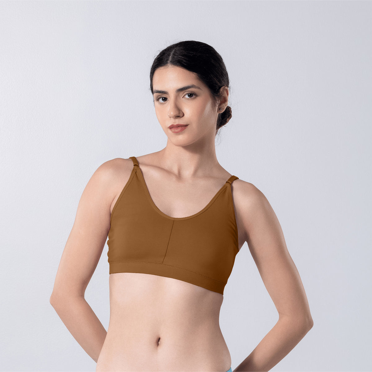 Feel Active Bra in Honey, front view worn by model.
