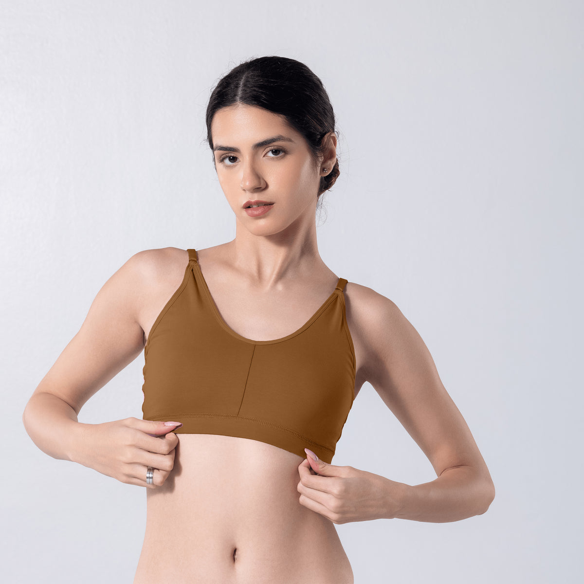 Feel Active Bra in Honey, detailed shot worn by model.