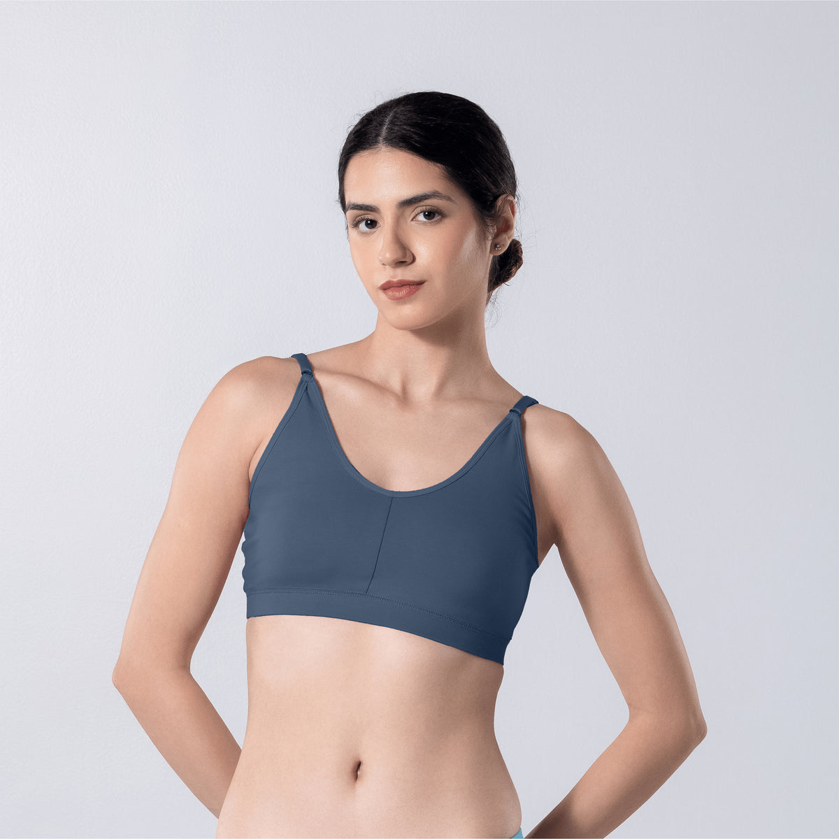Feel Active Bra in Steel Grey, front view worn by model.
