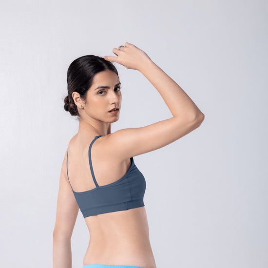 Feel Active Bra in Steel Grey, side view worn by model.