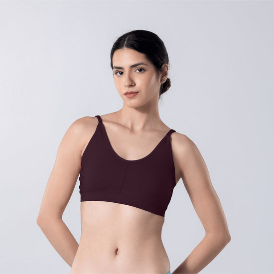 Feel Active Bra in Wine, front view worn by model.