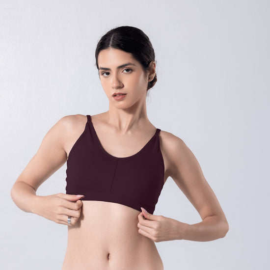 Feel Active Bra in Snow Wine, detailed shot worn by model.