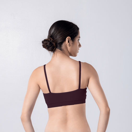 Feel Active Bra in Wine, back view worn by model.