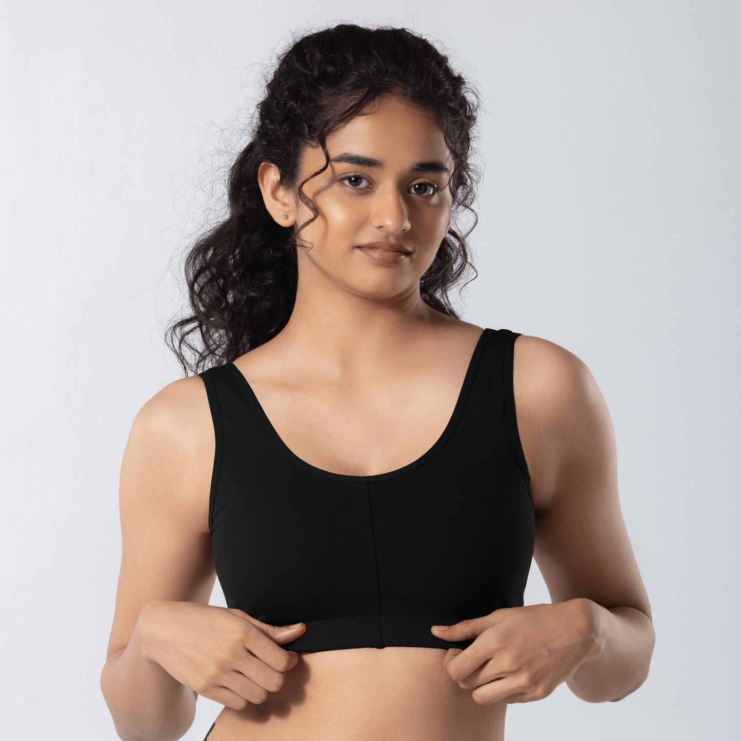 U-Back (N) Active Bra in Black, front view worn by model.