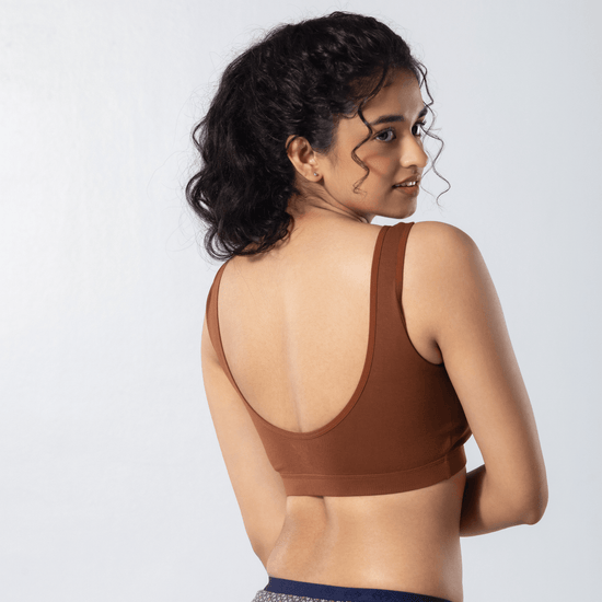 U-Back (N) Active Bra in Honey, back side view worn by model.