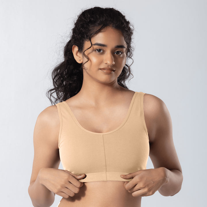 U-Back (N) Active Bra in Skin, front view worn by model.