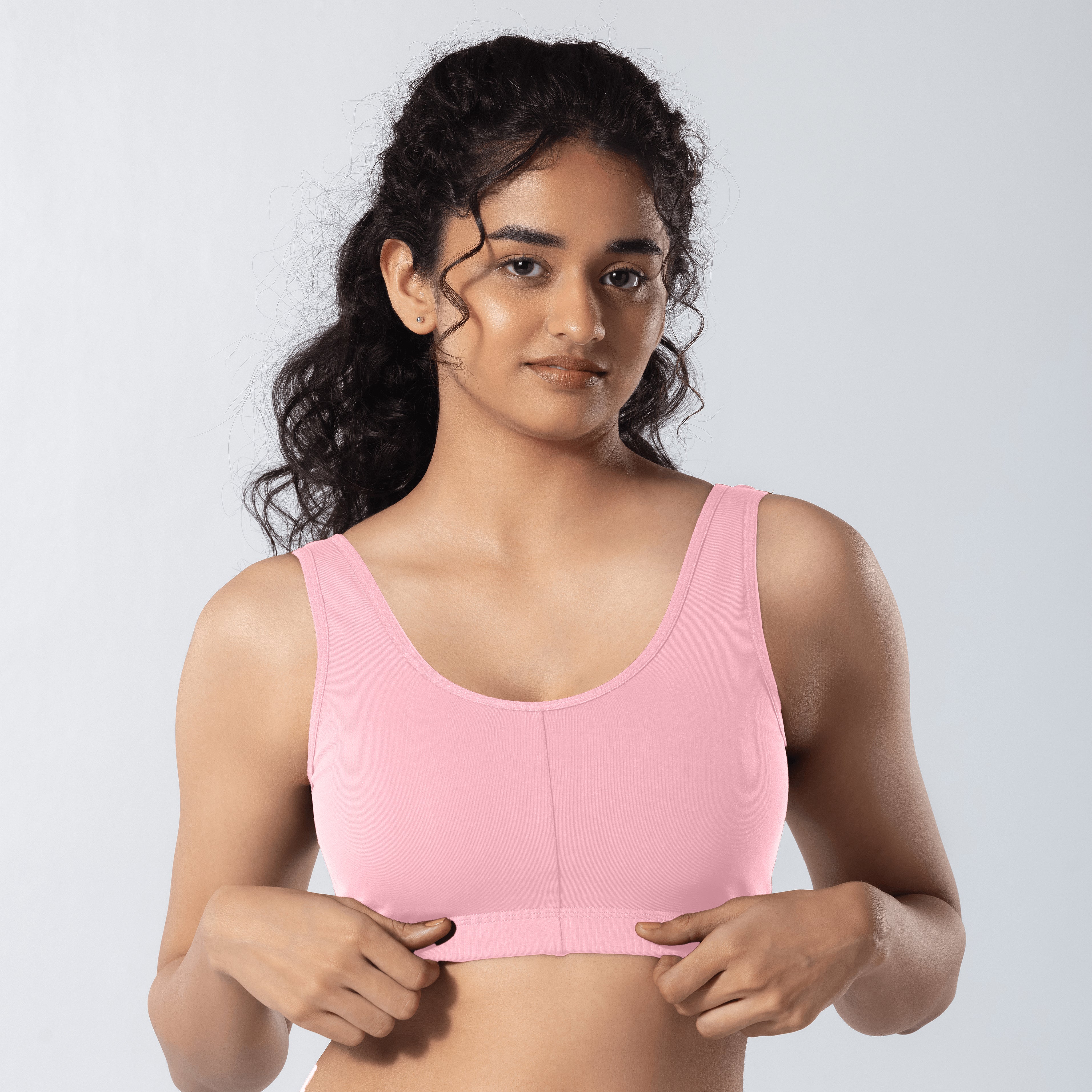 U-Back (N) Active Bra in Snow Pink, front view worn by model.