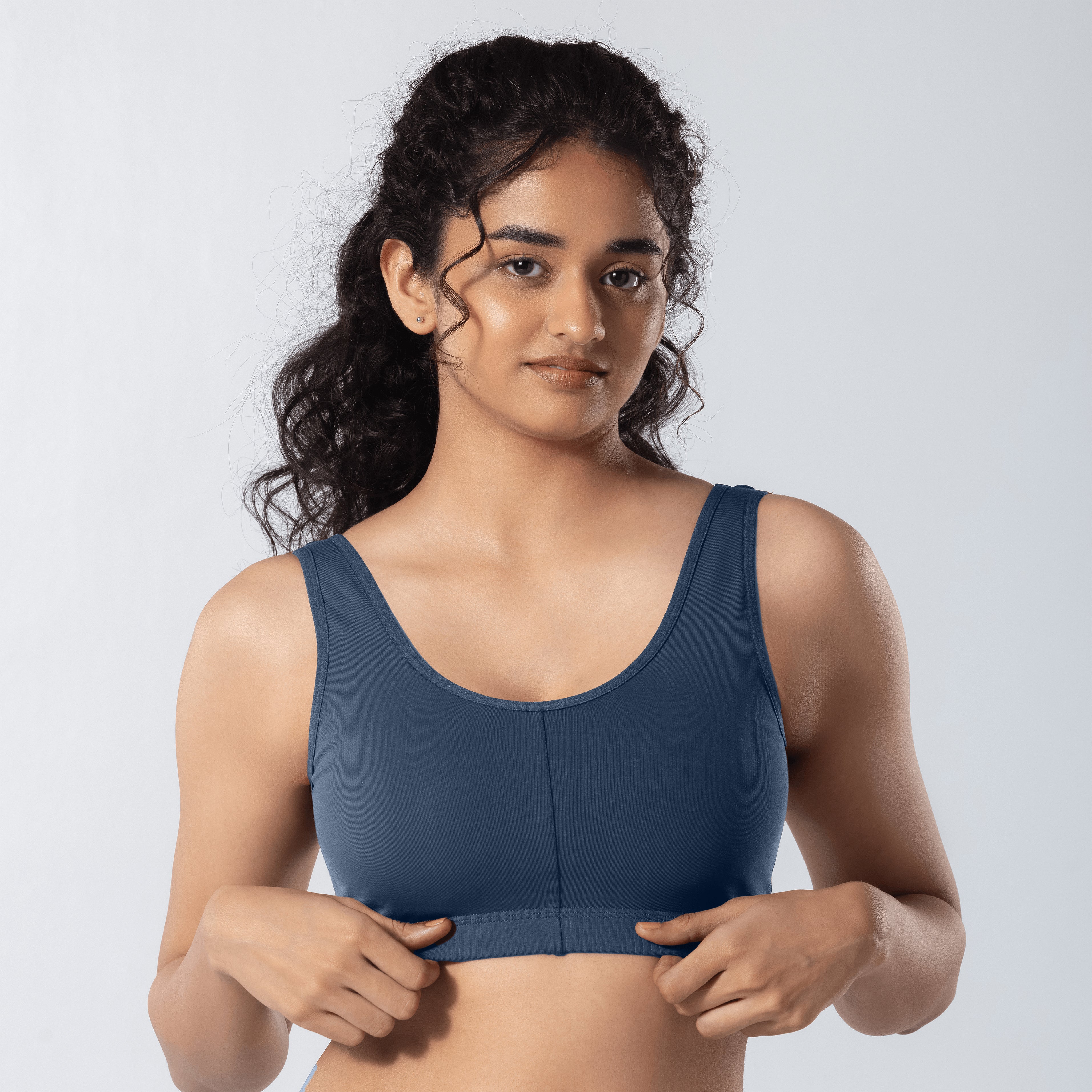 U-Back (N) Active Bra in Steel Grey, front view worn by model.