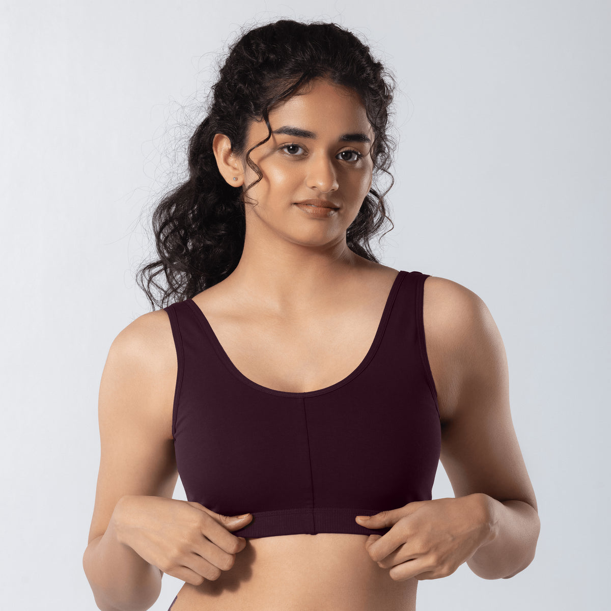 U-Back (N) Active Bra in Wine, front view worn by model.