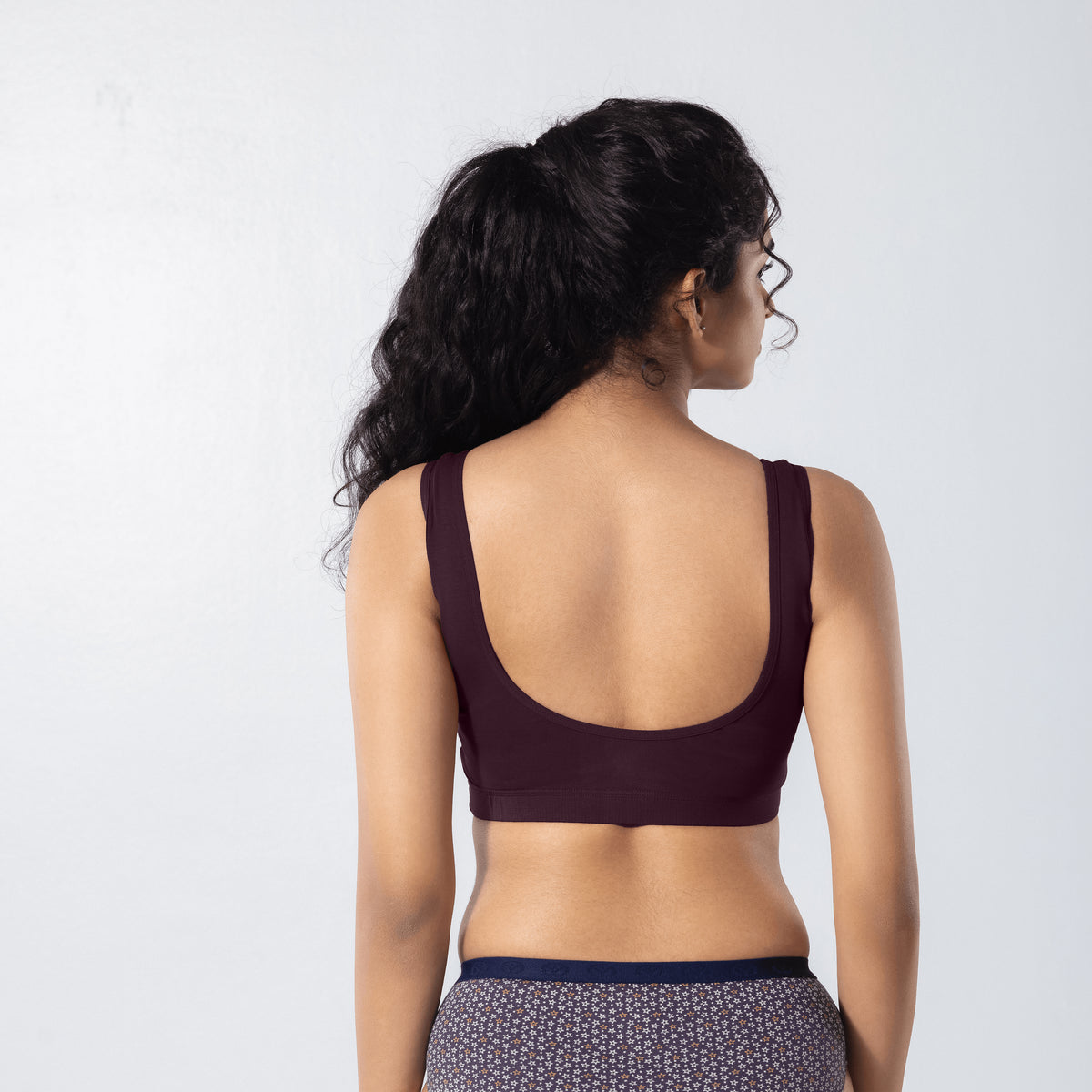 U-Back (N) Active Bra in Wine, back view worn by model.