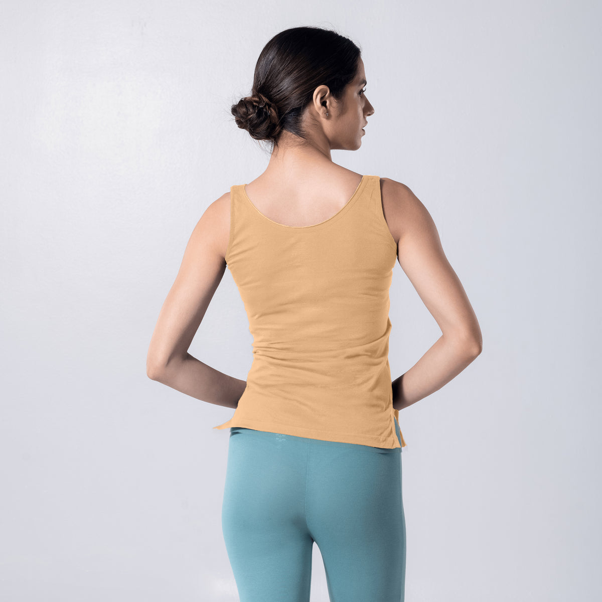 LadyO Alexa-F Mid Length Tank Top in Skin, back view worn by model.