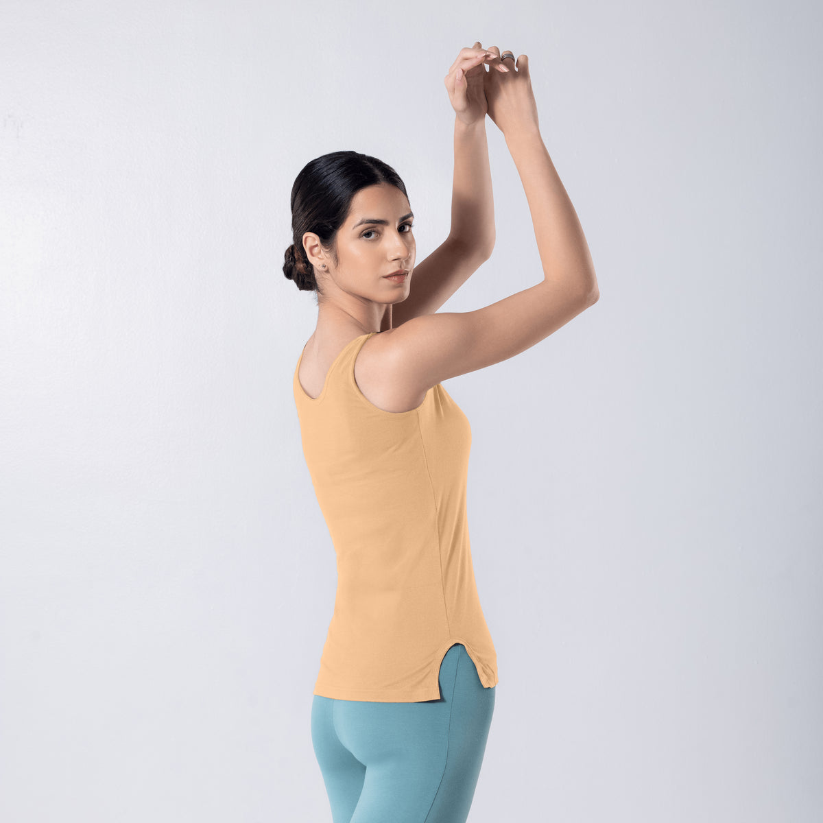 LadyO Alexa-F Mid Length Tank Top in Skin, side pose worn by model.