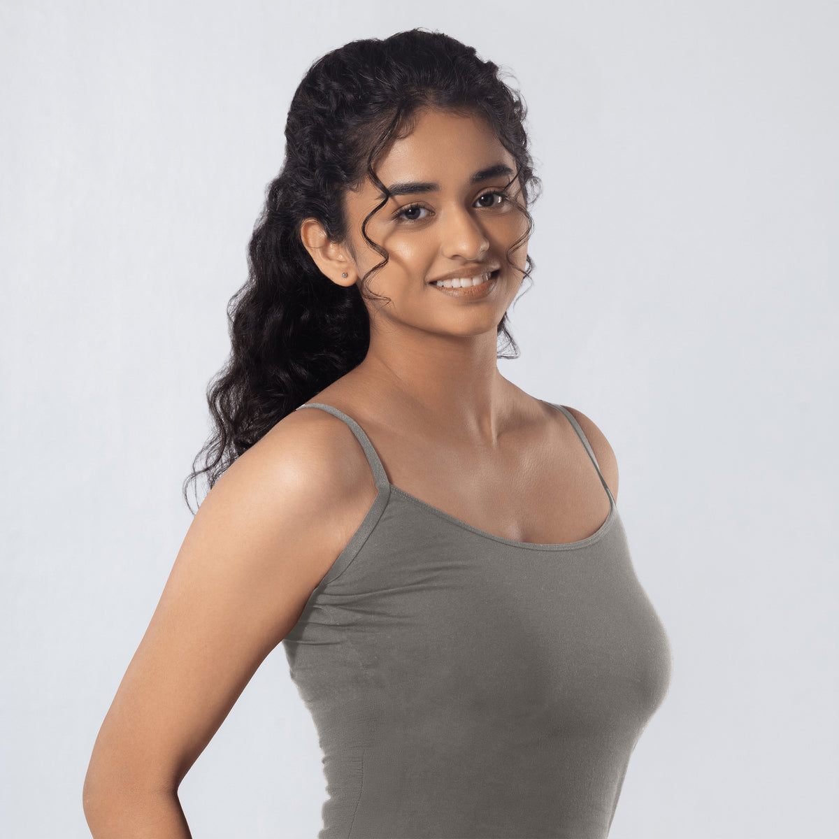 LadyO Alexa-H Half Length Slip in grey, side view worn by model.