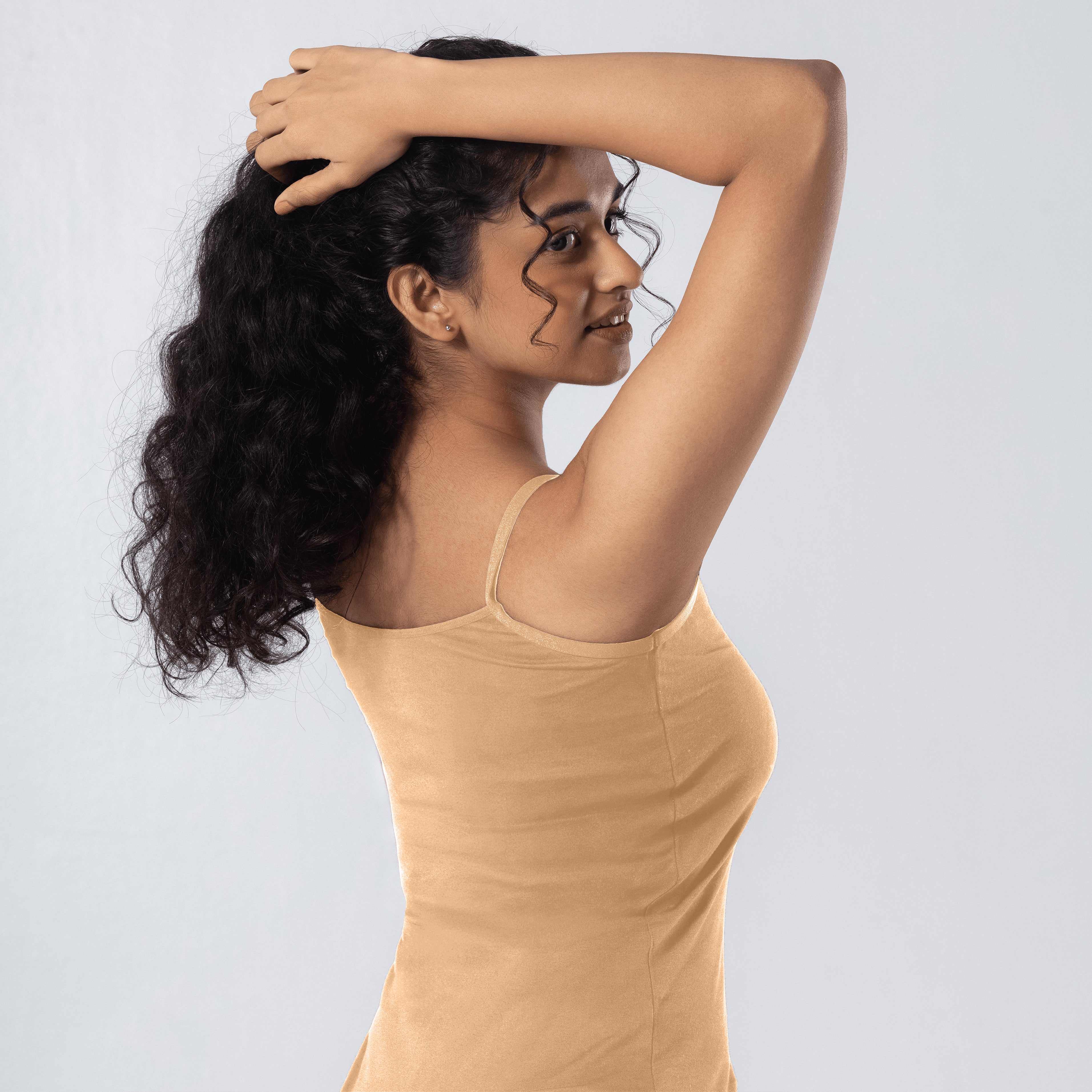 LadyO Alexa-H Half Length Slip in skin, three-quarter back view worn by model.