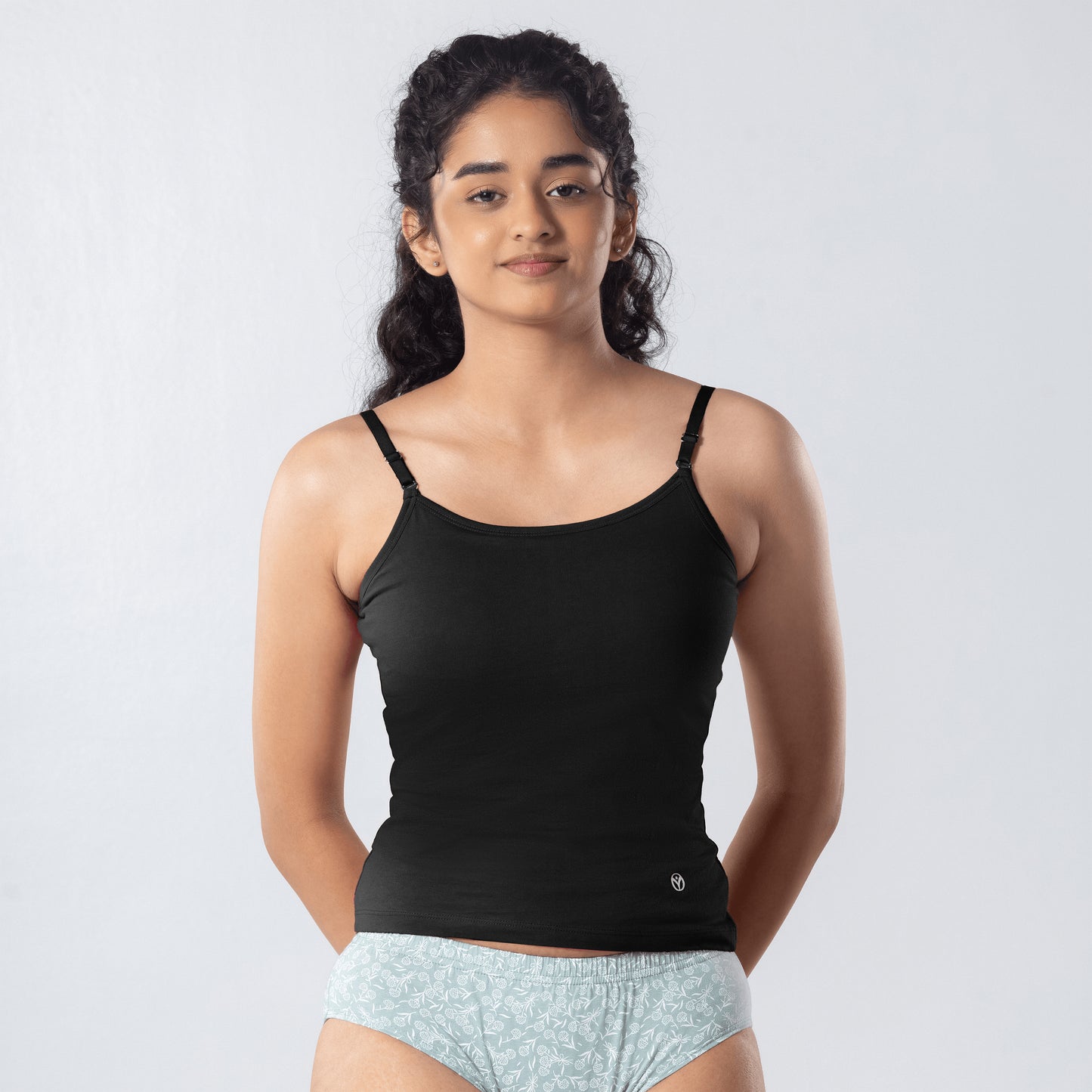 LadyO Alice Cami-Bra in Black, front view worn by model.