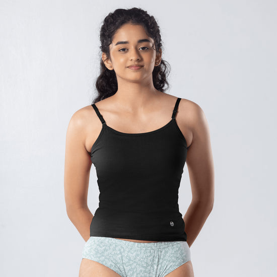 LadyO Alice Cami-Bra in Black, front view worn by model.