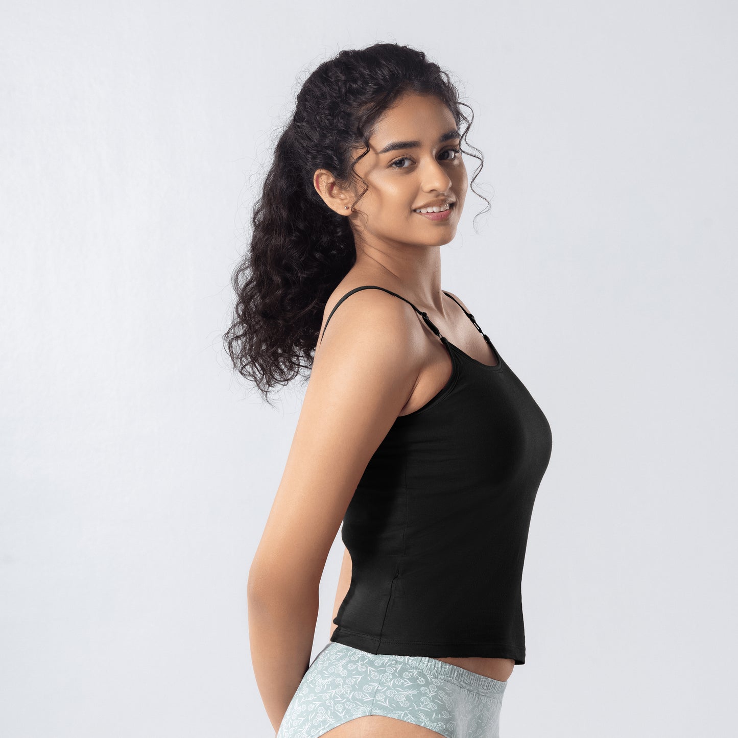 LadyO Alice Cami-Bra in Black, side view worn by model.