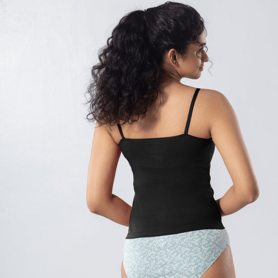 LadyO Alice Cami-Bra in Black, back view worn by model.