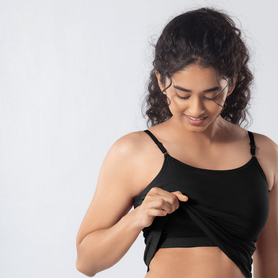 LadyO Alice Cami-Bra in Black, detail view worn by model.