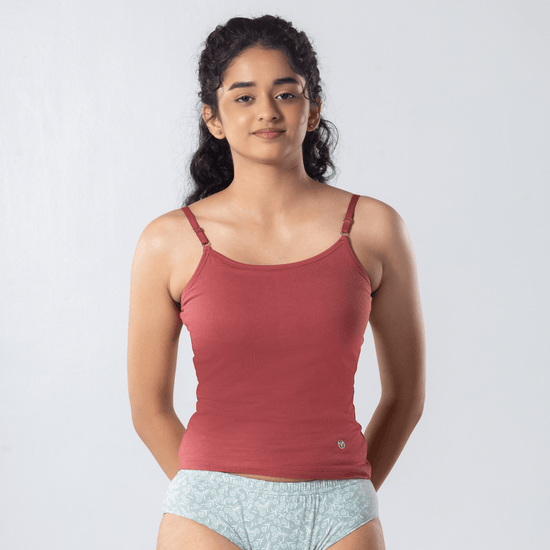 LadyO Alice Cami-Bra in Copper, front view worn by model.