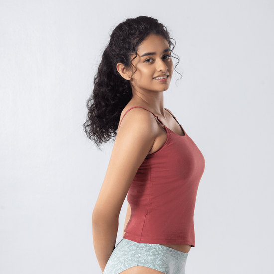 LadyO Alice Cami-Bra in Copper, side view worn by model.