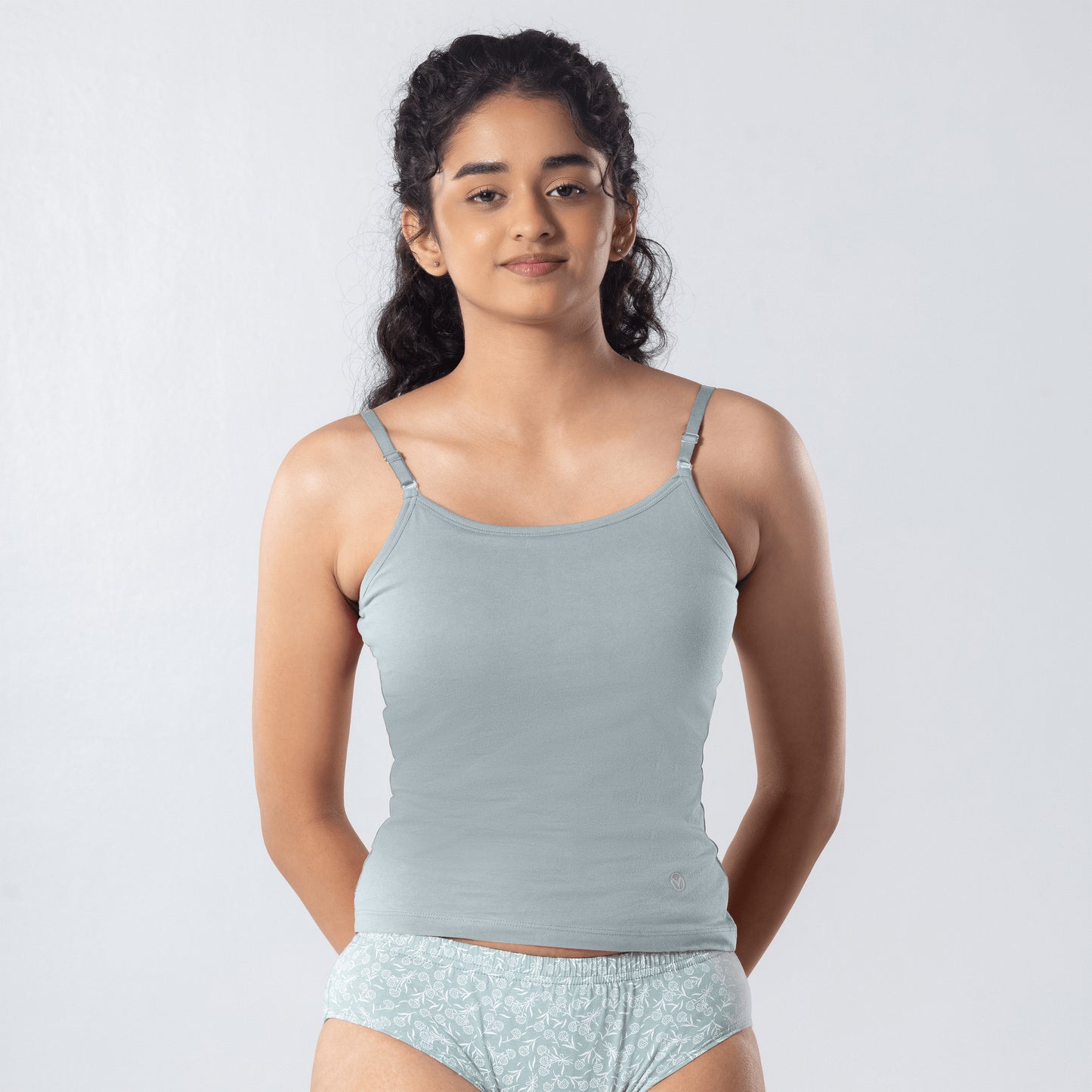 LadyO Alice Cami-Bra in Grey, front view worn by model.