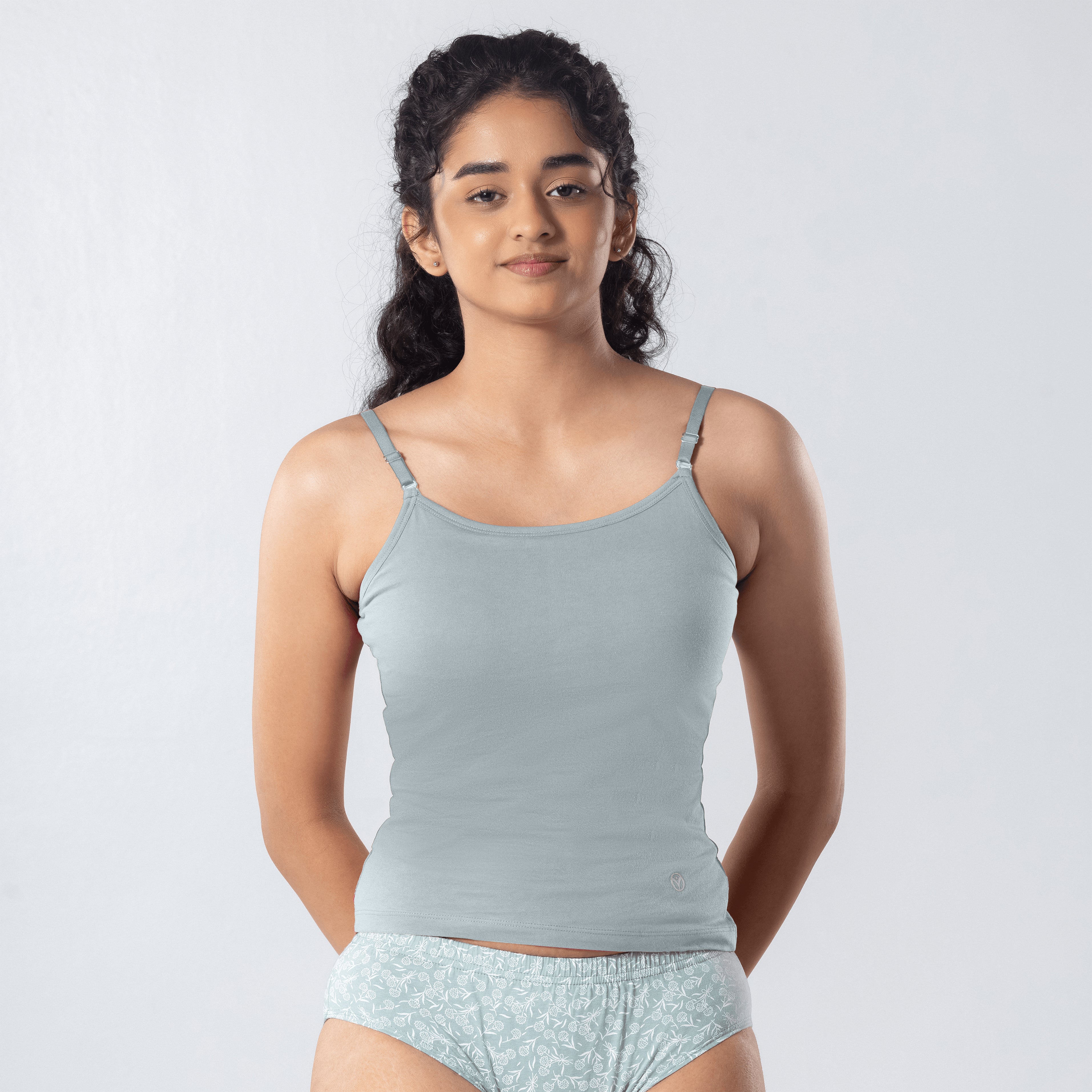 LadyO Alice Cami-Bra in Grey, front view worn by model.