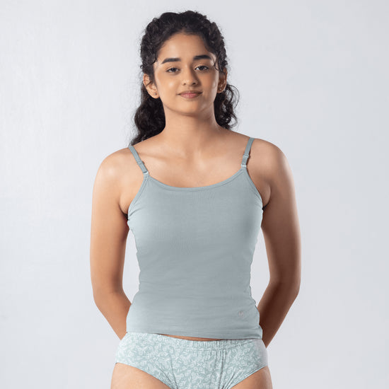 LadyO Alice Cami-Bra in Grey, front view worn by model.