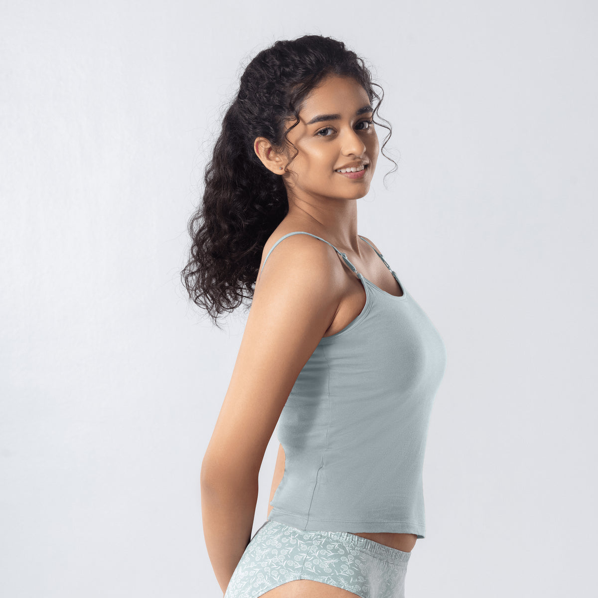LadyO Alice Cami-Bra in Grey, side view worn by model.
