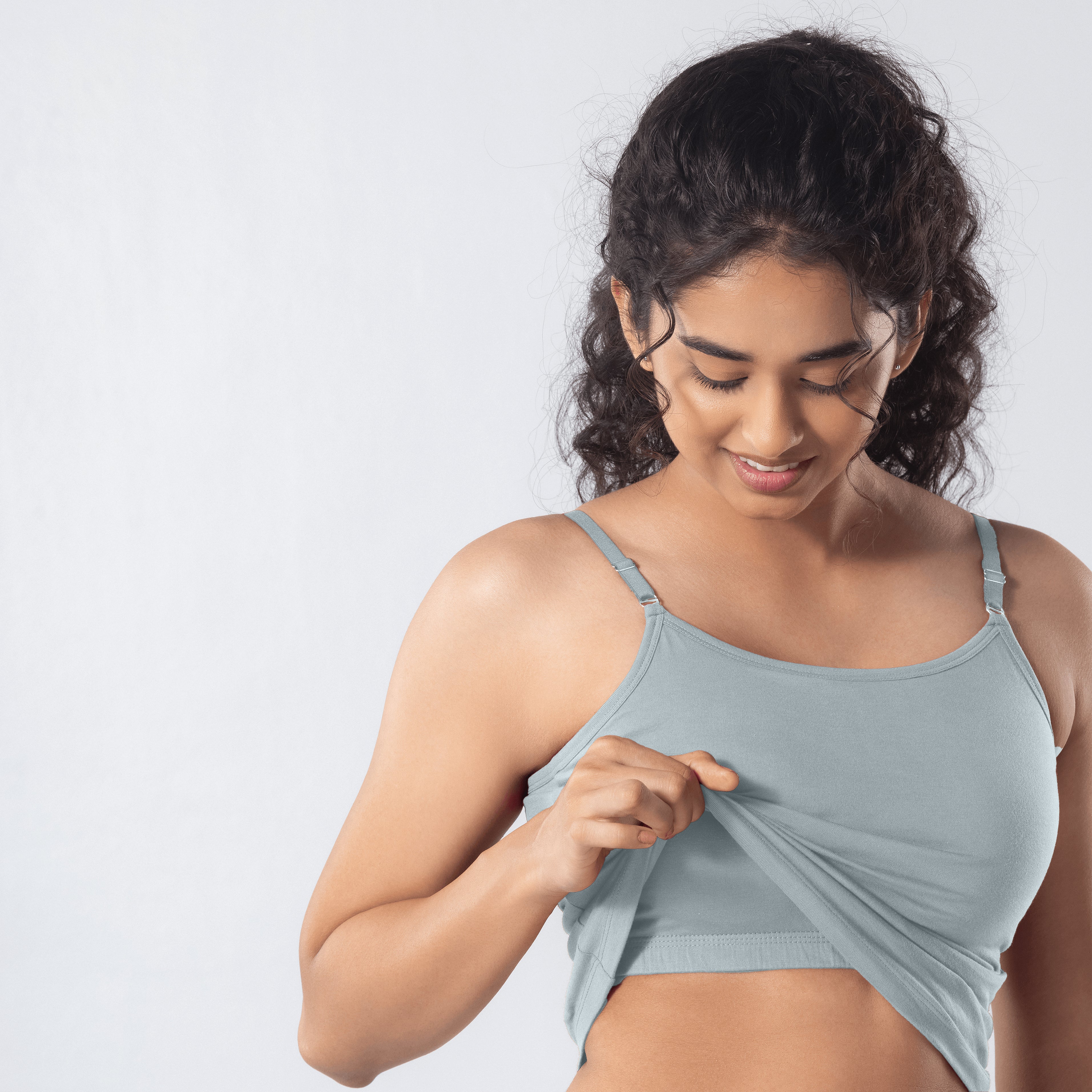 LadyO Alice Cami-Bra in Grey, detail view worn by model.