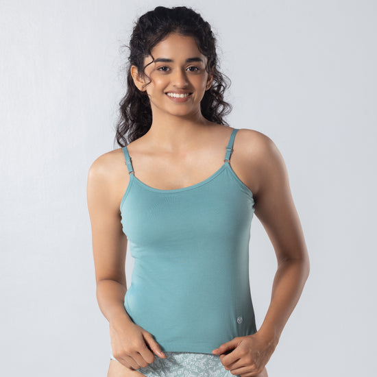 LadyO Alice Cami-Bra in Light Blue, front view worn by model.