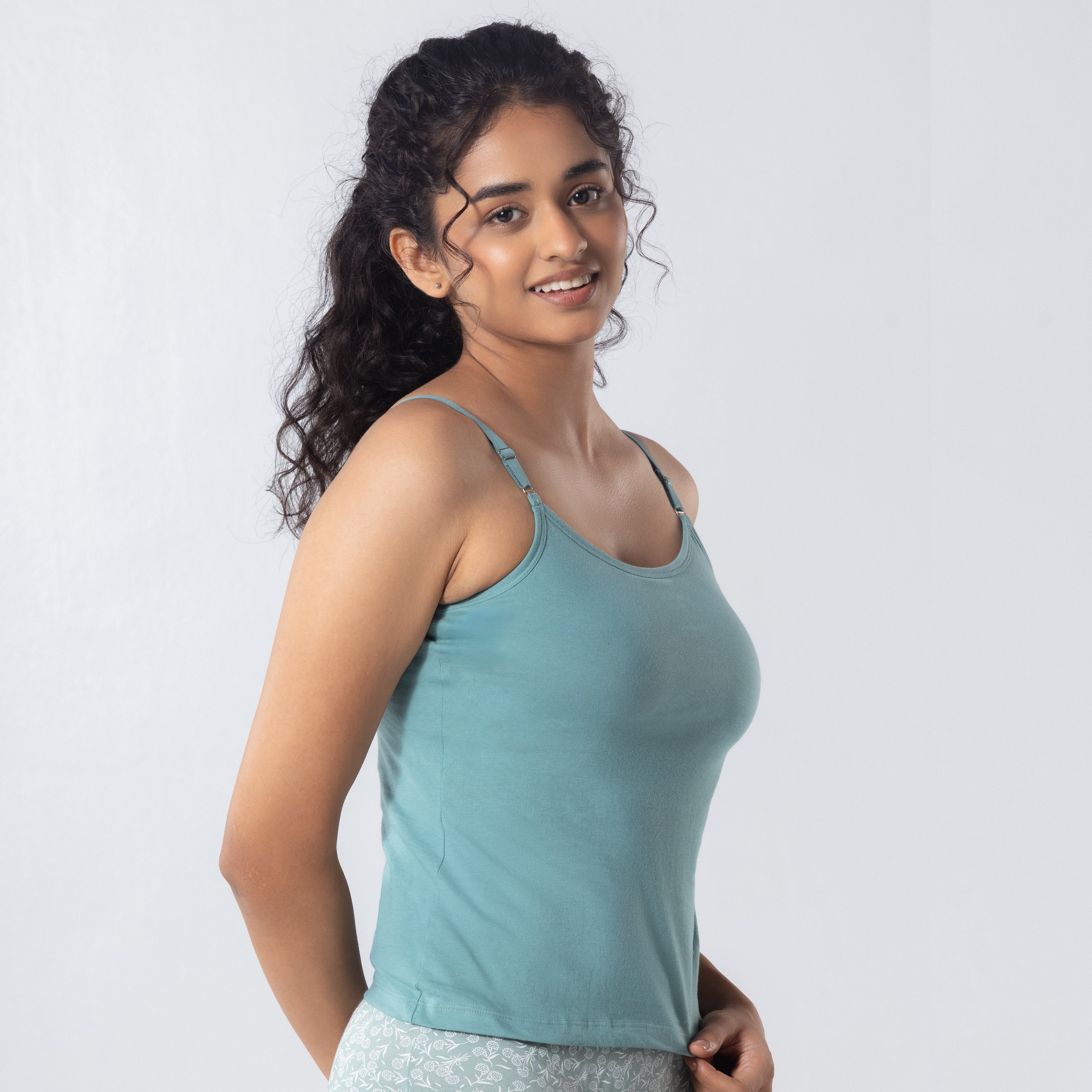 LadyO Alice Cami-Bra in Light Blue, side view worn by model.