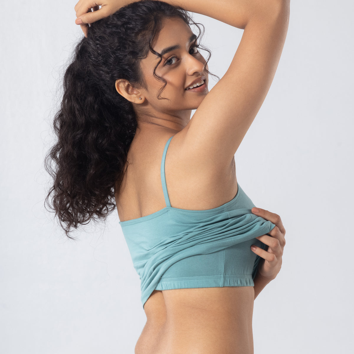LadyO Alice Cami-Bra in Light Blue, detail view worn by model.