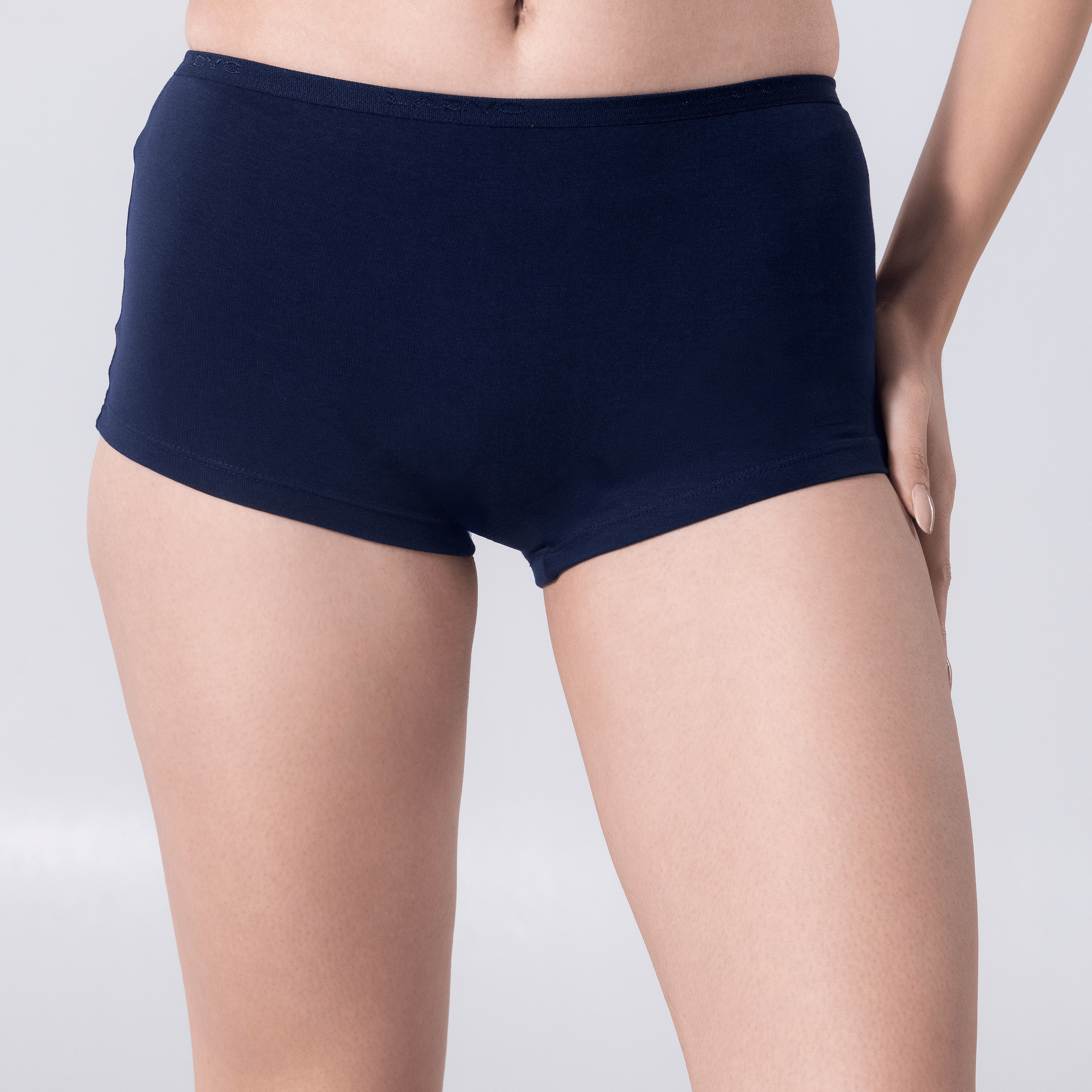 LadyO Blue Mint Boy Leg, front view worn by model.