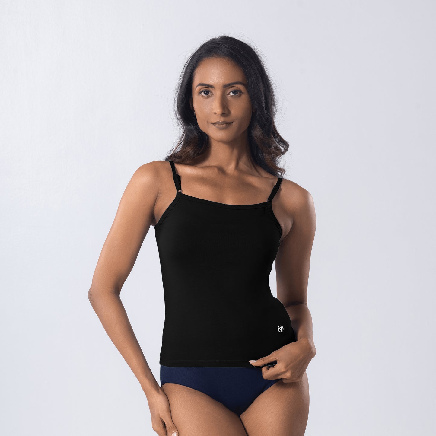 LadyO Camila Adjustable Slip in black color with adjustable straps, front view.